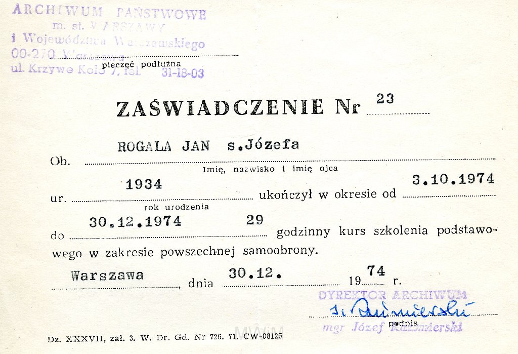 KKE 5861.jpg - Dok. Zaświadczenie wystawione przez Archiwum Państwowe miasta Warszawy dla Jana Rogala o ukończeniu kursu w zakresie powszechnej samoobrony, Warszawa, 30 XII 1974 r.